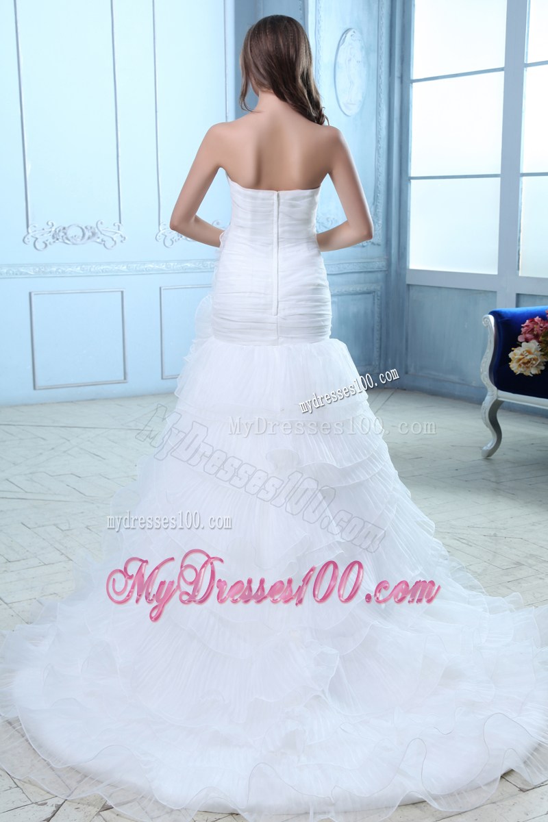 Handle Flowers and Ruche Decorated Ruffled Dresses for Brides with Court Train