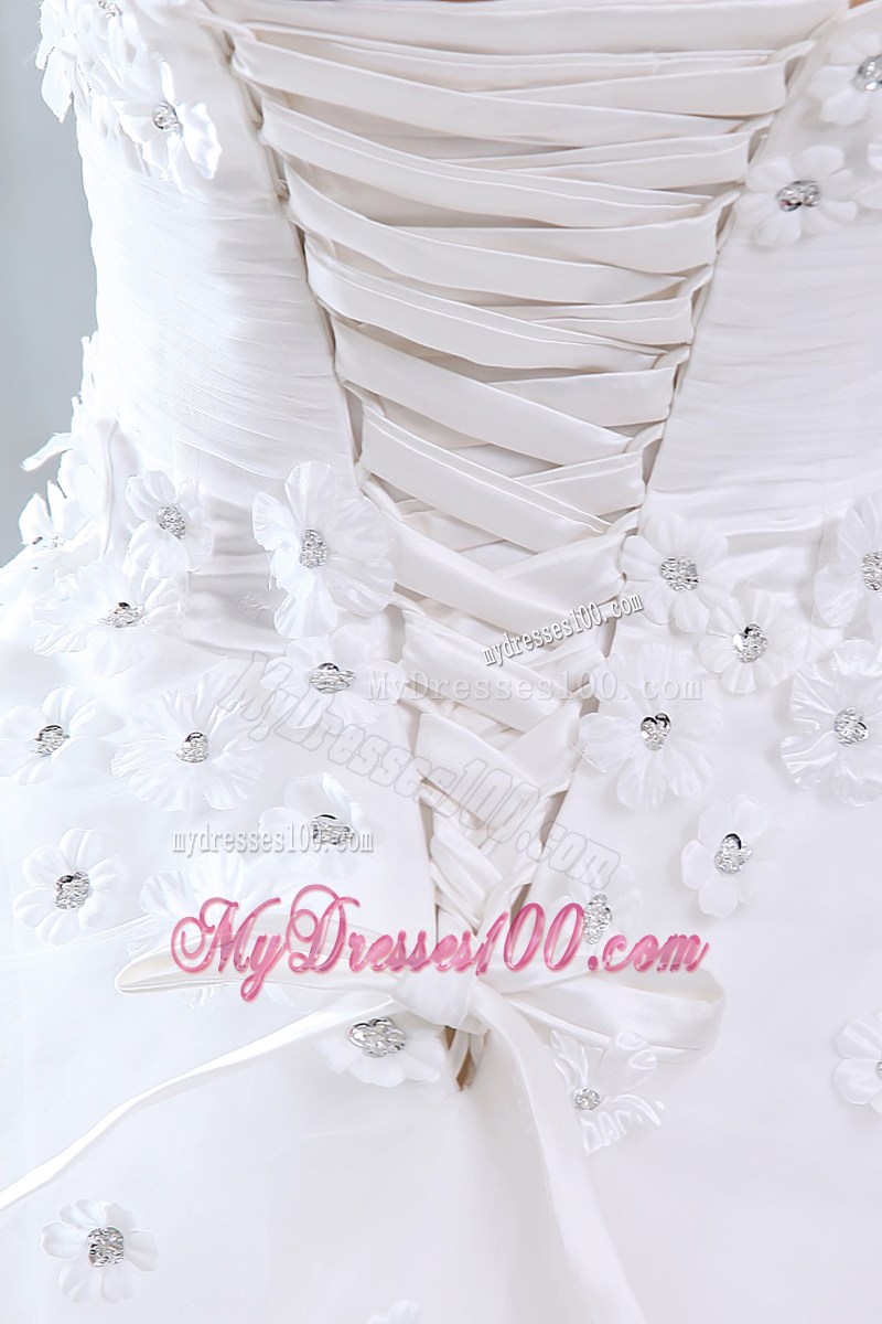 Ruching Floor-length Wedding Dress Decorated with Small Beaded Flowers