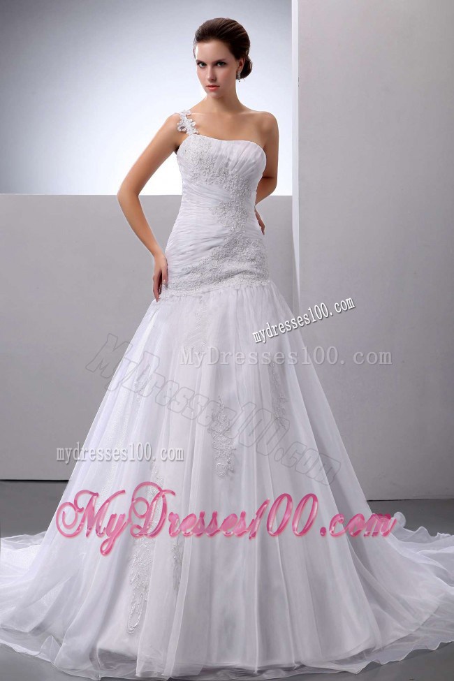 One Shoulder Beading and Ruching Wedding Court Train Bodice Bridal Gowns