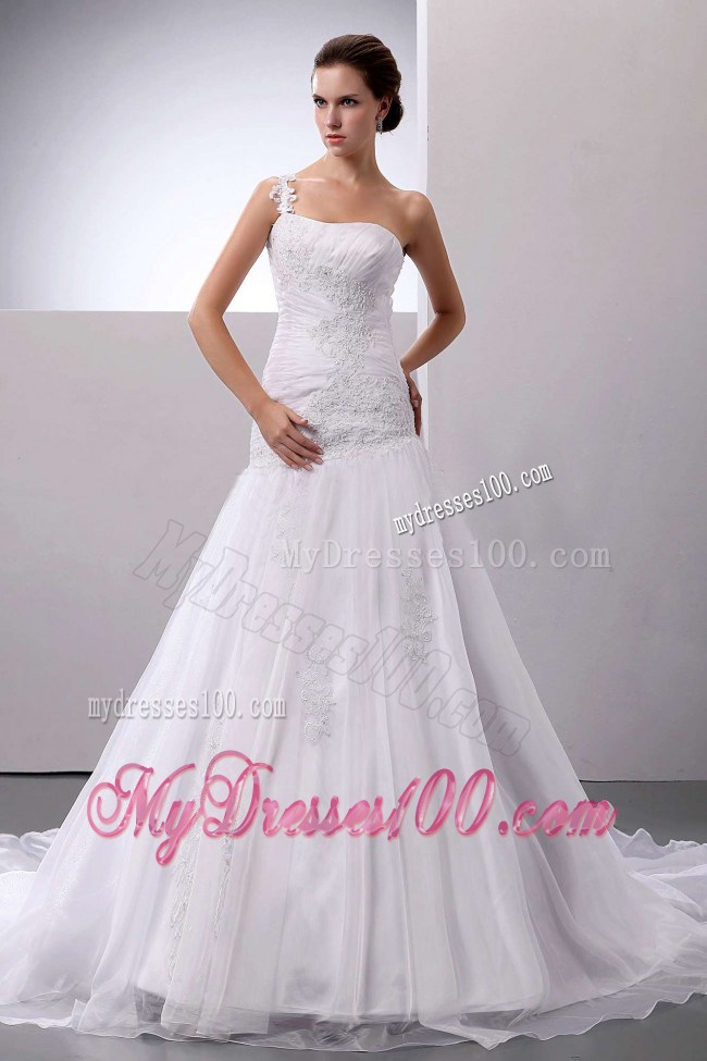 One Shoulder Beading and Ruching Wedding Court Train Bodice Bridal Gowns