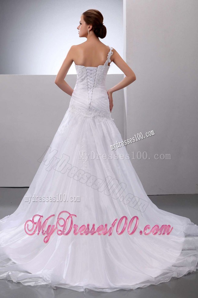 One Shoulder Beading and Ruching Wedding Court Train Bodice Bridal Gowns