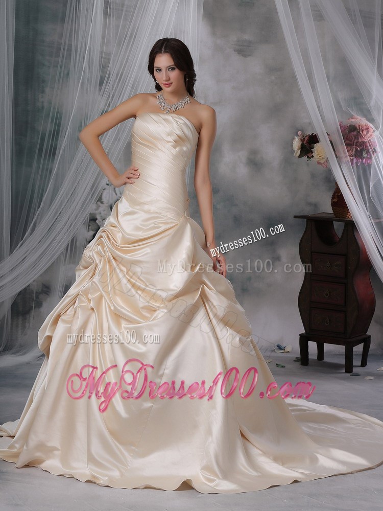 Pick-ups Decorated Bodice Bridal Dress in Champagne with Court Train
