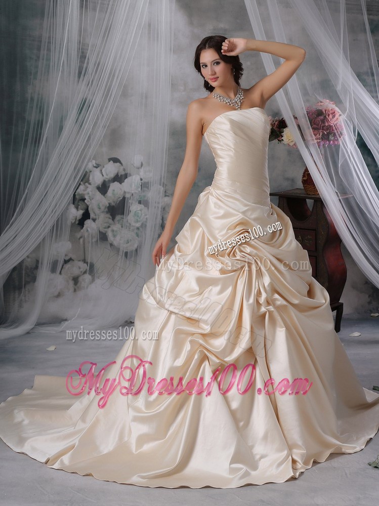 Pick-ups Decorated Bodice Bridal Dress in Champagne with Court Train