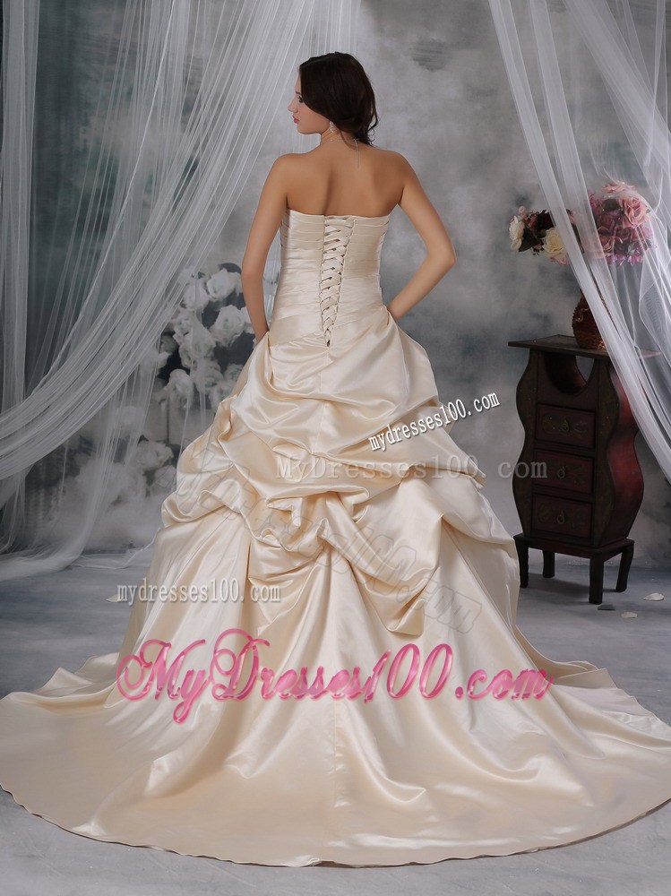 Pick-ups Decorated Bodice Bridal Dress in Champagne with Court Train