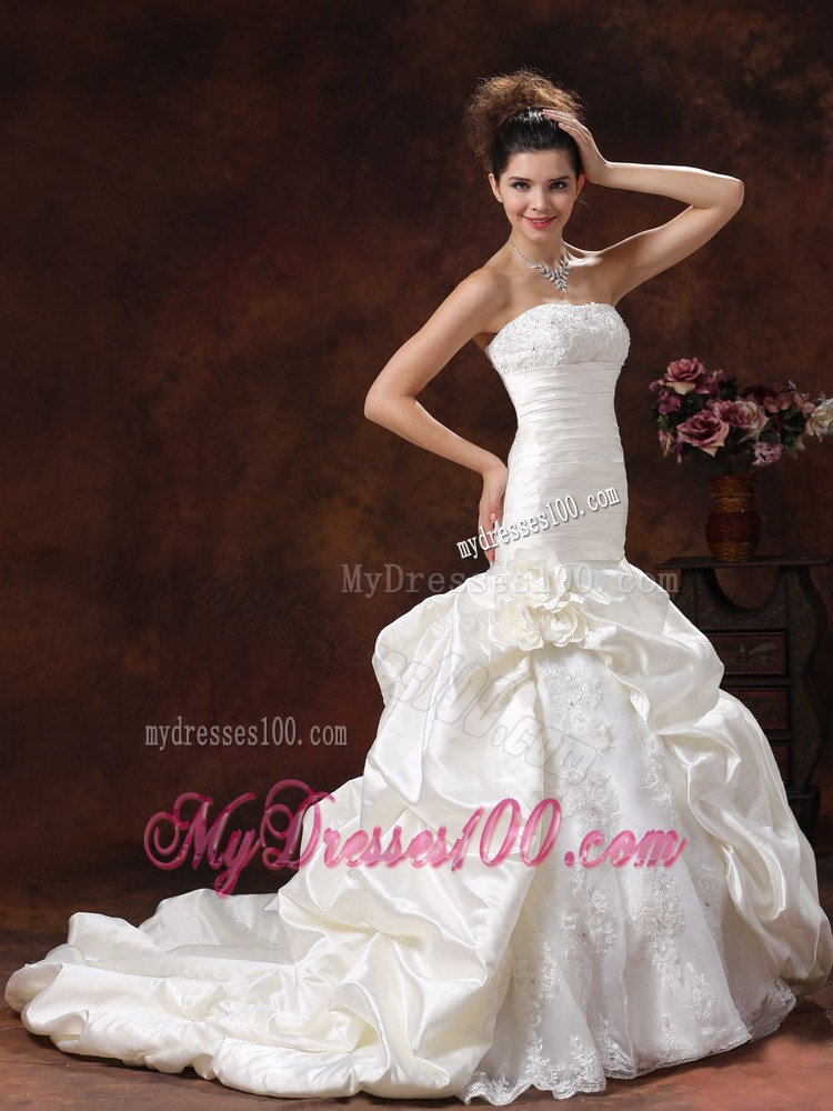 Champagne Mermaid Taffeta Wedding Dresses with Flowers and Pick-ups