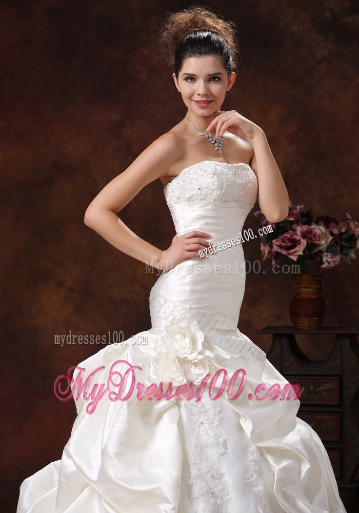 Champagne Mermaid Taffeta Wedding Dresses with Flowers and Pick-ups