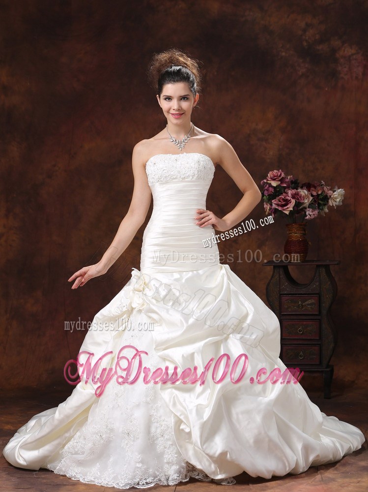 Champagne Mermaid Taffeta Wedding Dresses with Flowers and Pick-ups