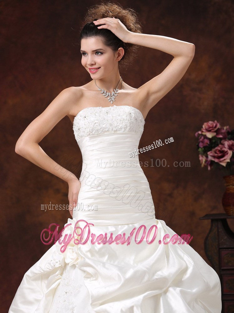 Champagne Mermaid Taffeta Wedding Dresses with Flowers and Pick-ups