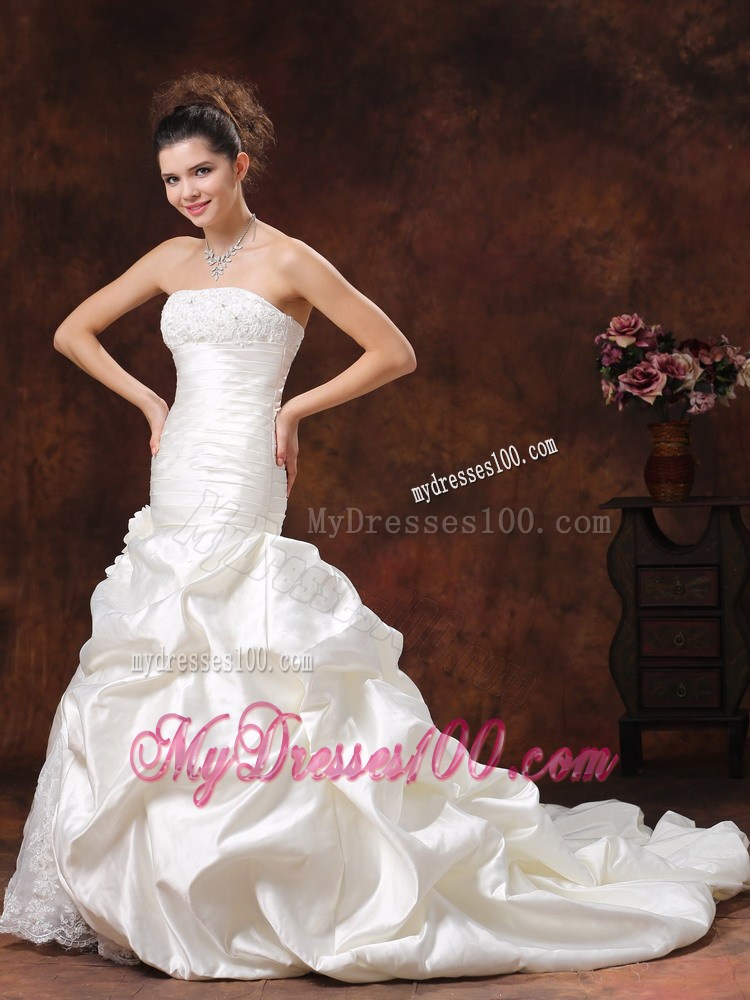 Champagne Mermaid Taffeta Wedding Dresses with Flowers and Pick-ups