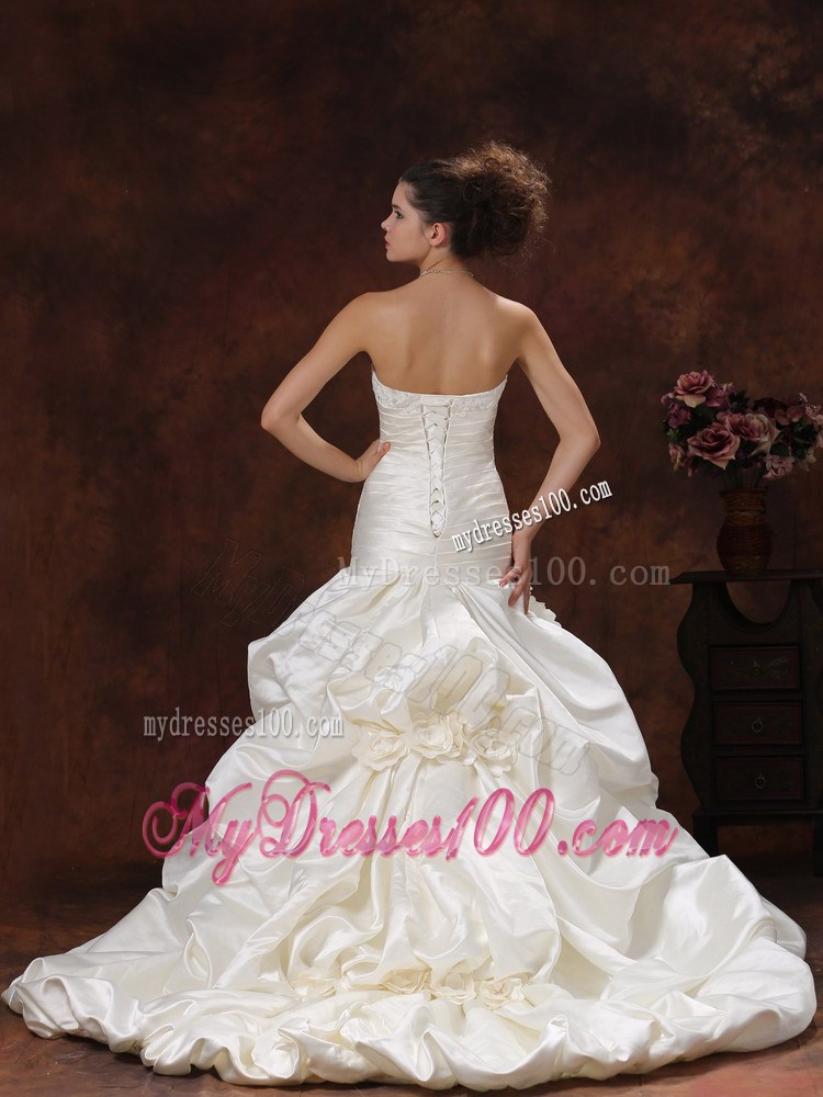 Champagne Mermaid Taffeta Wedding Dresses with Flowers and Pick-ups