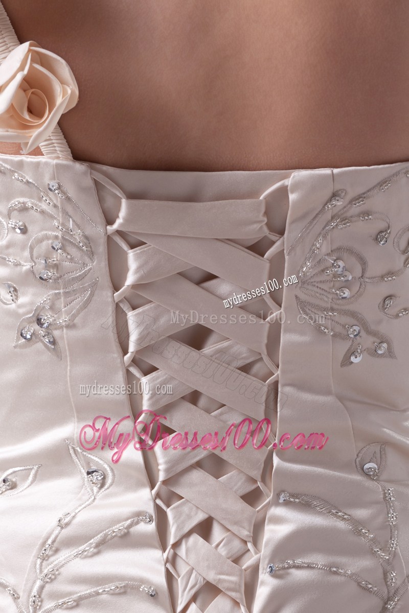 Hand Made Flowers One Shoulder Wedding Gowns in Champagne with Lace Edge