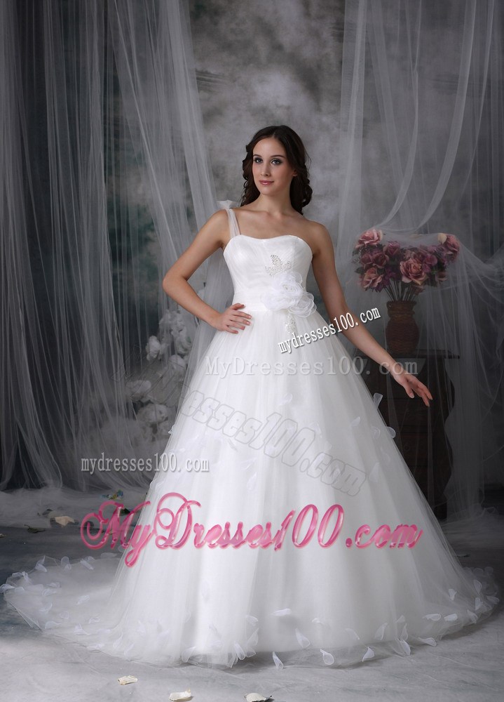 Watteau Train one Shoulder Wedding Dresses with Flowers and Beading