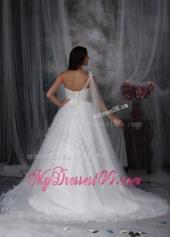 Watteau Train one Shoulder Wedding Dresses with Flowers and Beading