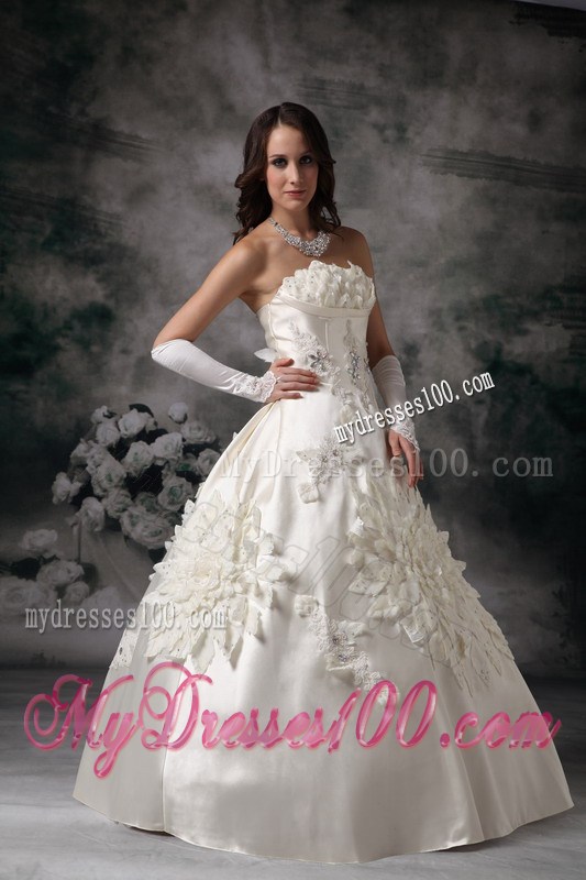 Big Floral Appliques Beaded White Wedding Gown Zipper-up Back