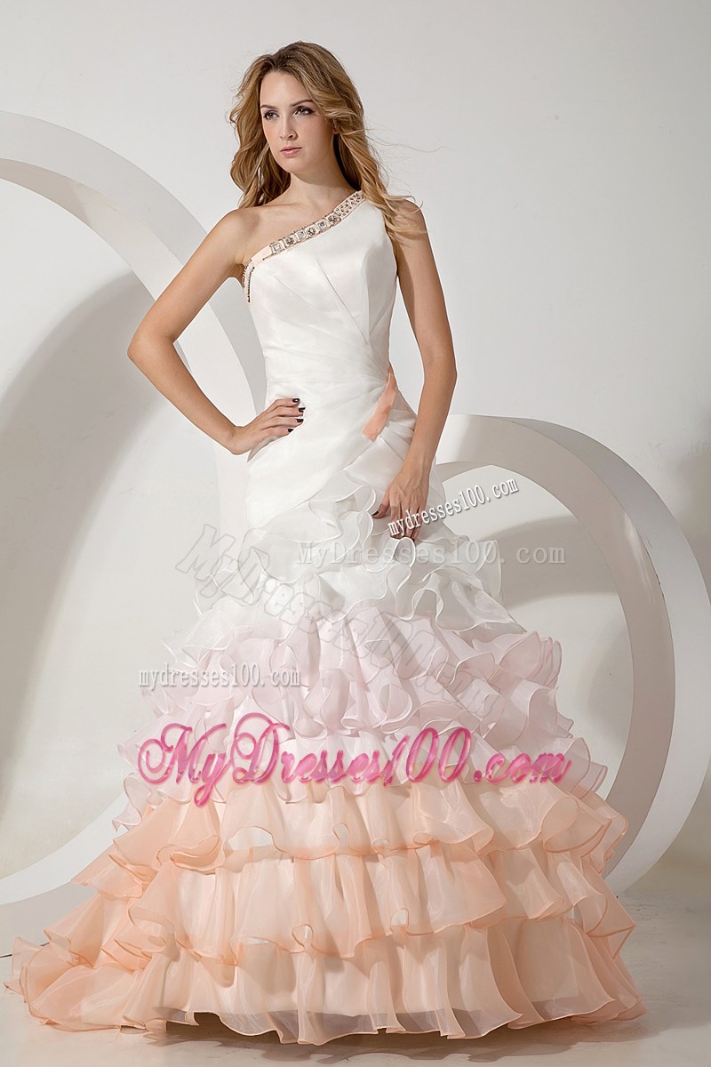 Colorful one Shoulder Brush Wedding Gown with Ruffles and Beading