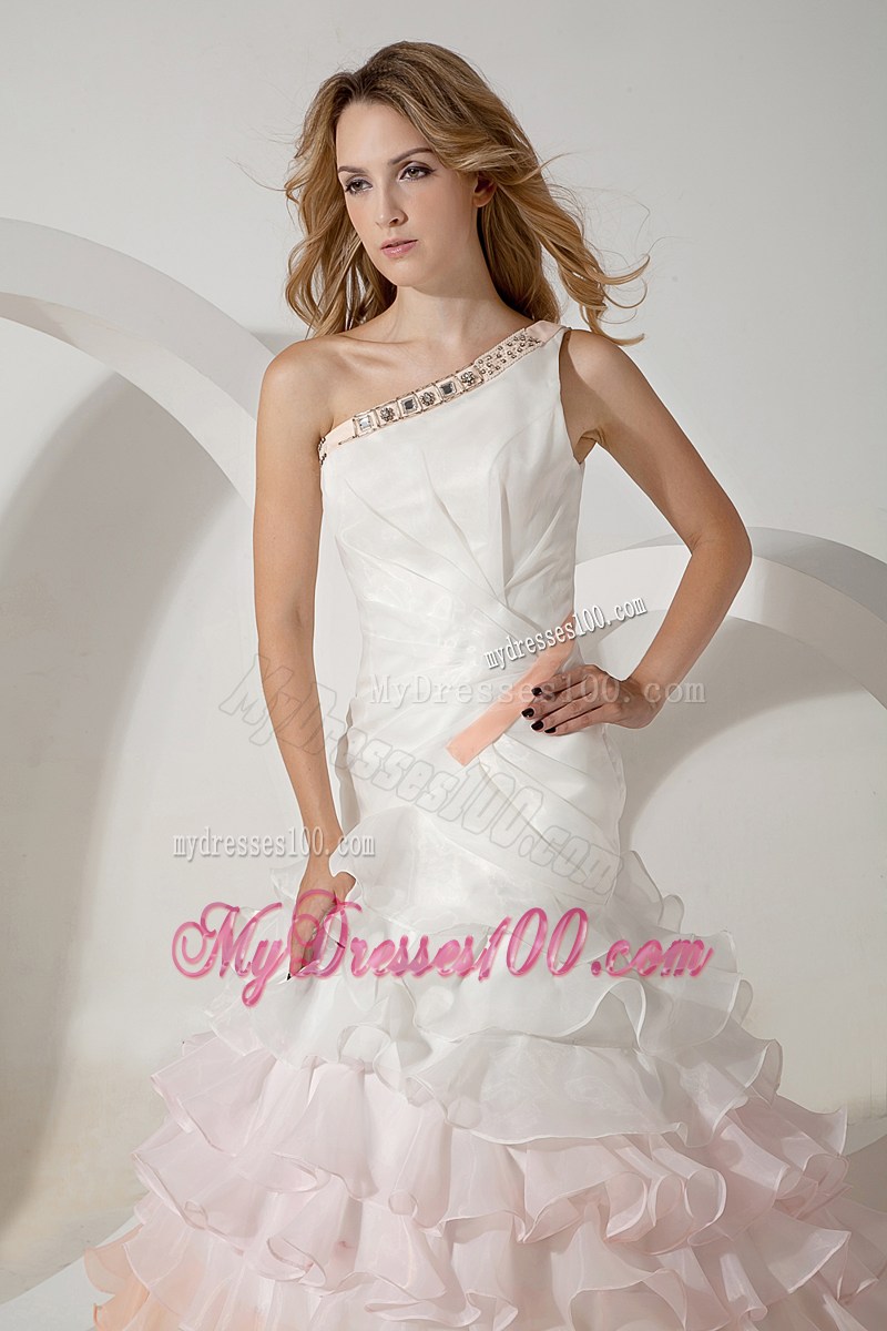 Colorful one Shoulder Brush Wedding Gown with Ruffles and Beading