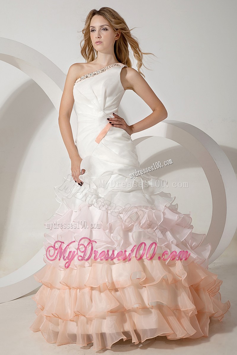 Colorful one Shoulder Brush Wedding Gown with Ruffles and Beading