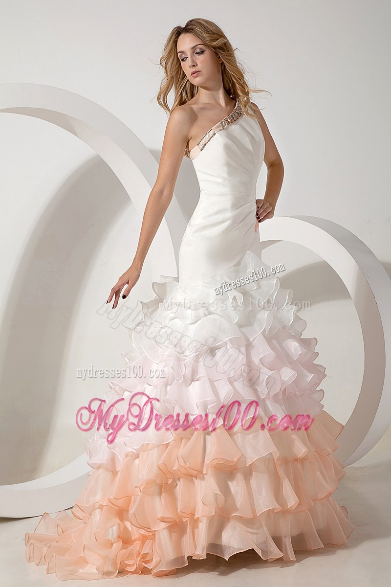 Colorful one Shoulder Brush Wedding Gown with Ruffles and Beading