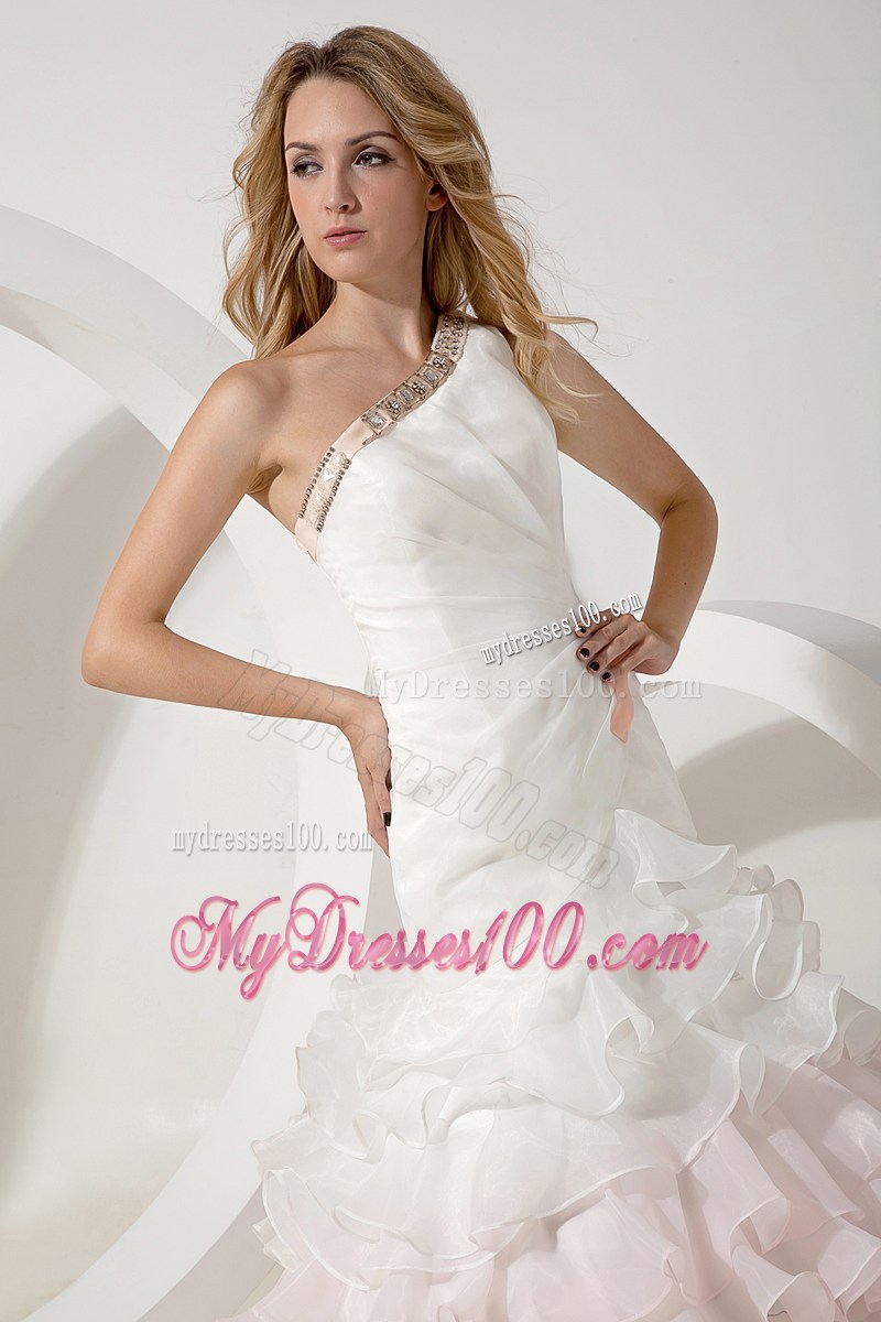 Colorful one Shoulder Brush Wedding Gown with Ruffles and Beading