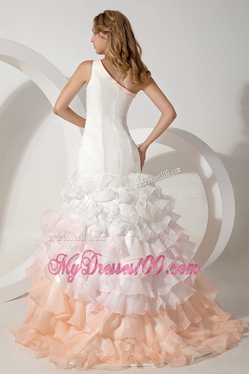 Colorful one Shoulder Brush Wedding Gown with Ruffles and Beading