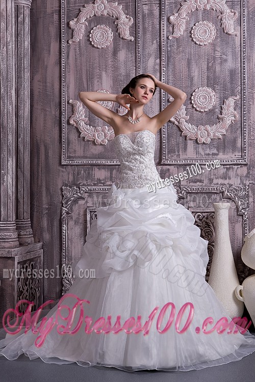 Pick-ups Diamonds and Handle Flowers Dress for Wedding with Court Train