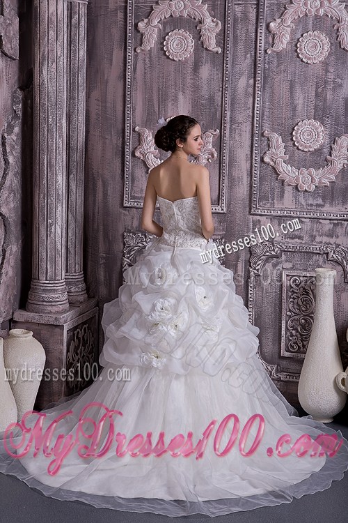 Pick-ups Diamonds and Handle Flowers Dress for Wedding with Court Train