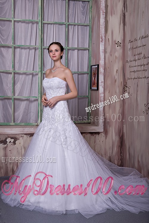 Pretty Appliques with Beadings Decorated Tulle Brush Train Dress for Wedding