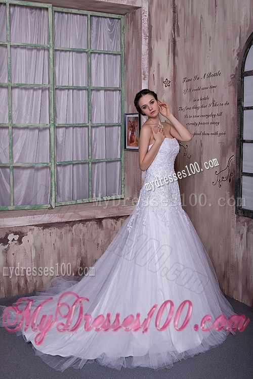Pretty Appliques with Beadings Decorated Tulle Brush Train Dress for Wedding