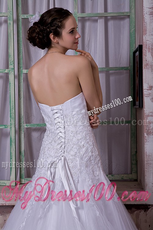 Pretty Appliques with Beadings Decorated Tulle Brush Train Dress for Wedding