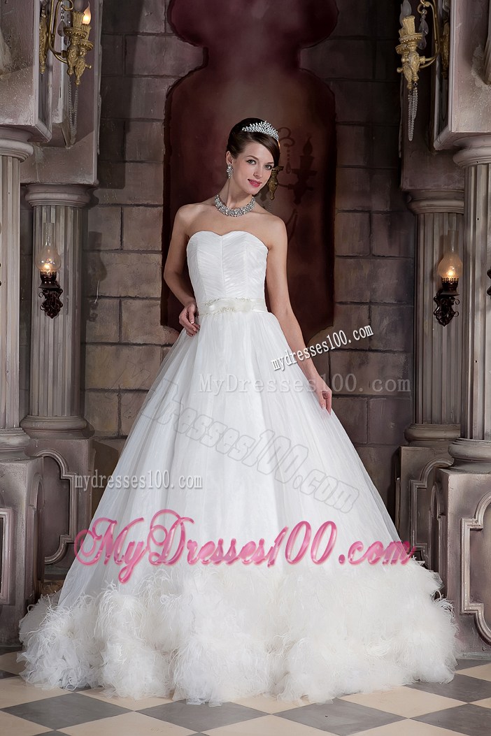 Ruching Sleeves Wedding Dress with Satin Sash and Two Tiers Feather Hemline
