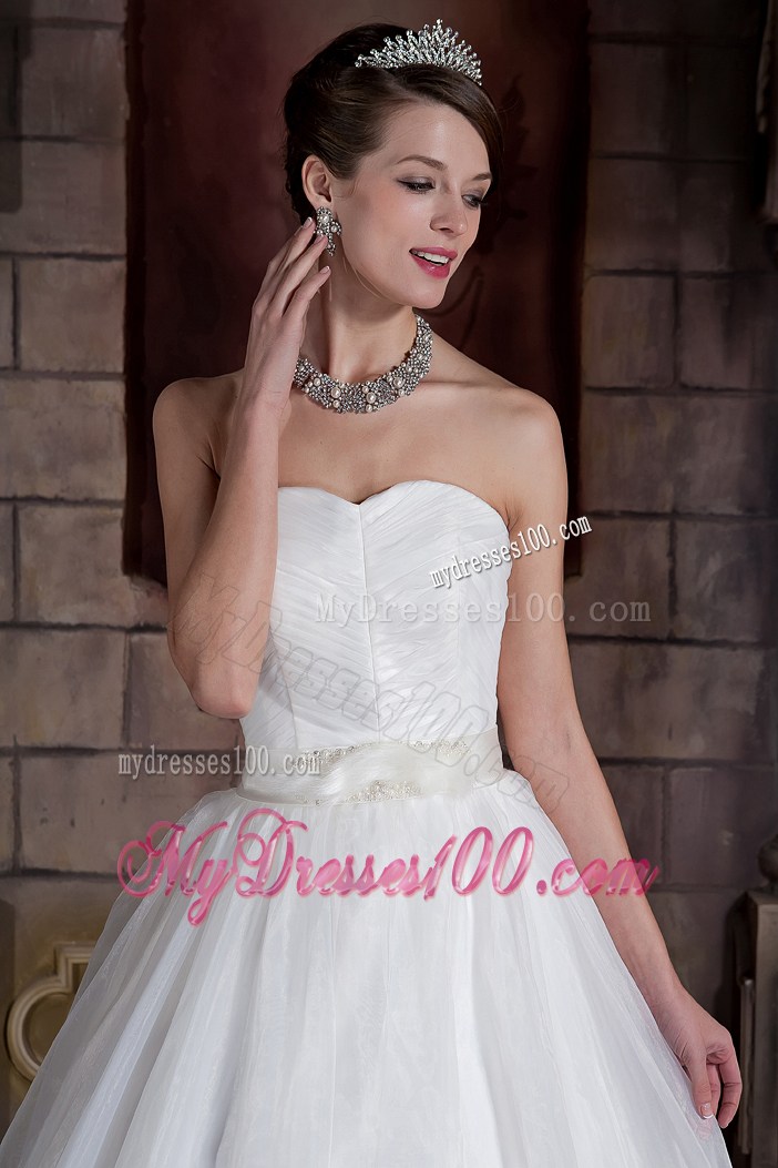 Ruching Sleeves Wedding Dress with Satin Sash and Two Tiers Feather Hemline