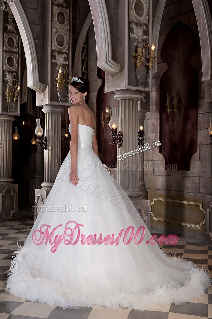 Ruching Sleeves Wedding Dress with Satin Sash and Two Tiers Feather Hemline