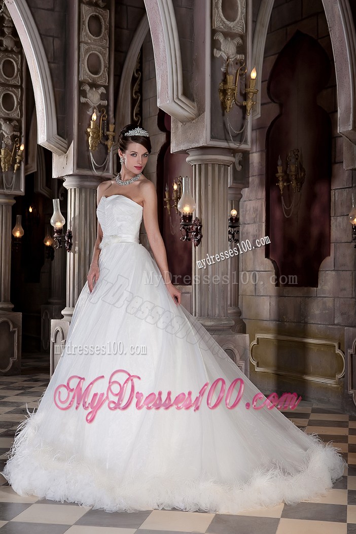 Ruching Sleeves Wedding Dress with Satin Sash and Two Tiers Feather Hemline