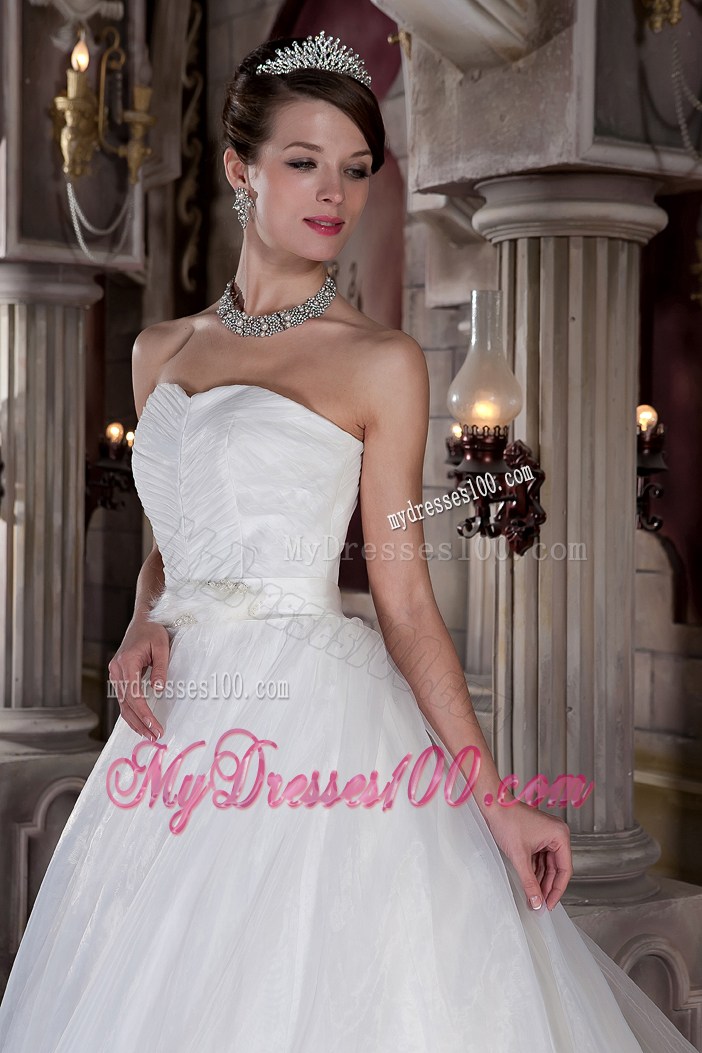 Ruching Sleeves Wedding Dress with Satin Sash and Two Tiers Feather Hemline