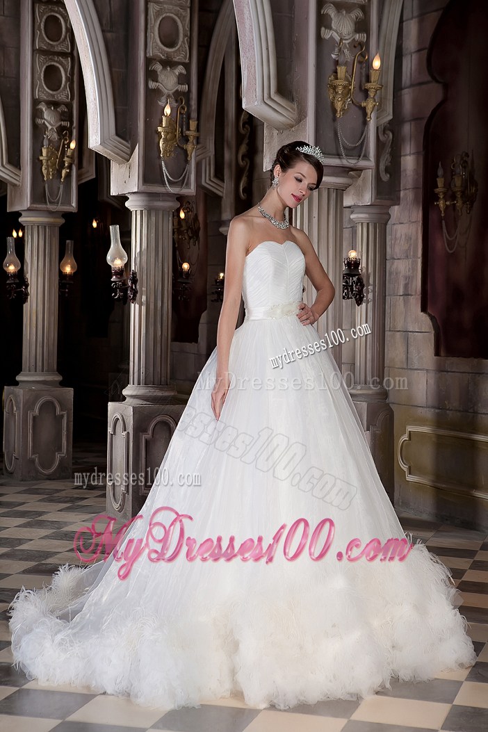 Ruching Sleeves Wedding Dress with Satin Sash and Two Tiers Feather Hemline