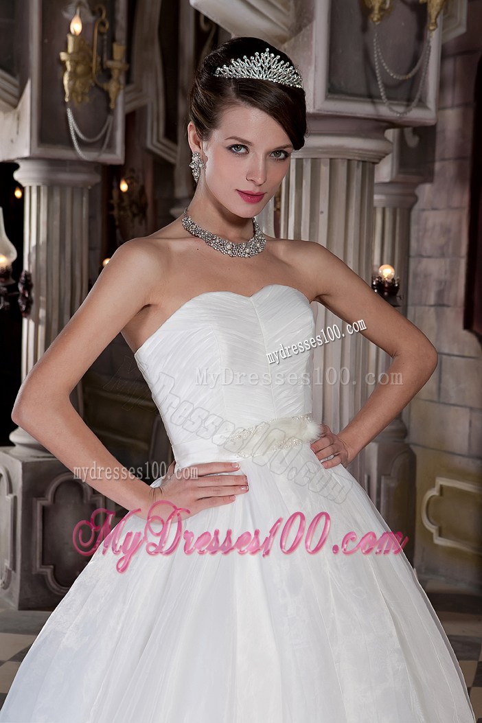 Ruching Sleeves Wedding Dress with Satin Sash and Two Tiers Feather Hemline