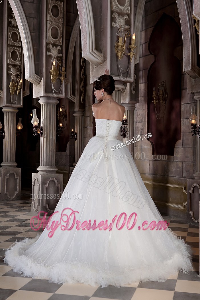 Ruching Sleeves Wedding Dress with Satin Sash and Two Tiers Feather Hemline