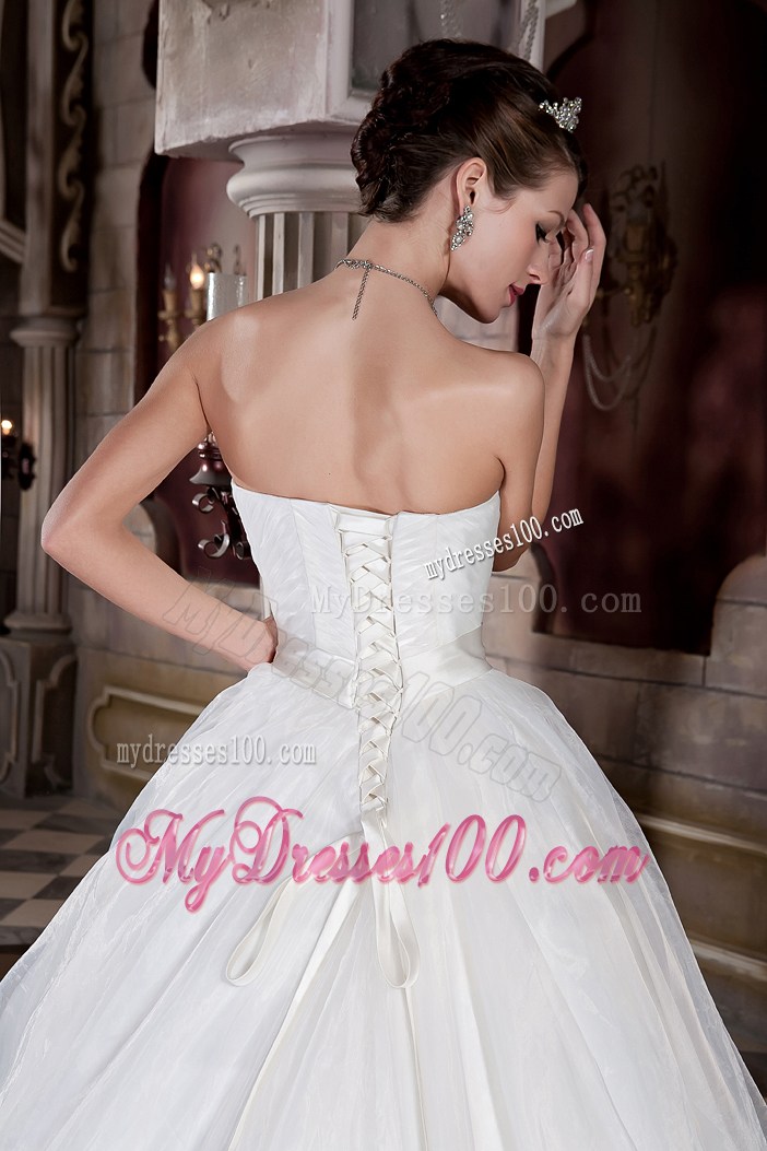 Ruching Sleeves Wedding Dress with Satin Sash and Two Tiers Feather Hemline