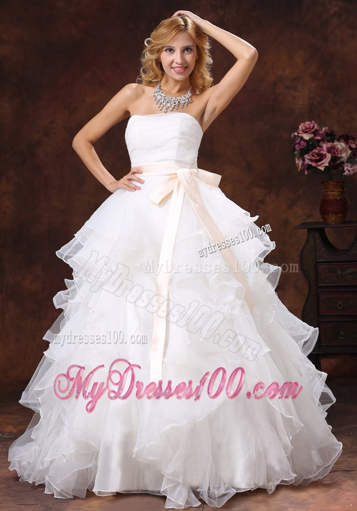 Ruffled and Ruched Wedding Dresses with Champagne Bowknot Sash 2013
