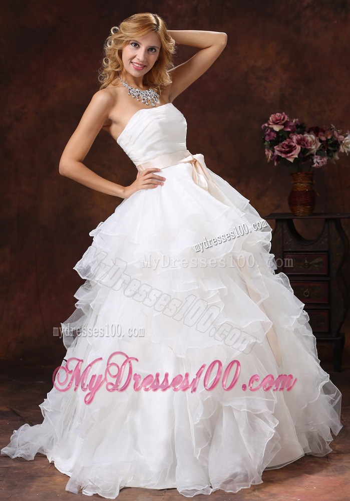 Ruffled and Ruched Wedding Dresses with Champagne Bowknot Sash 2013