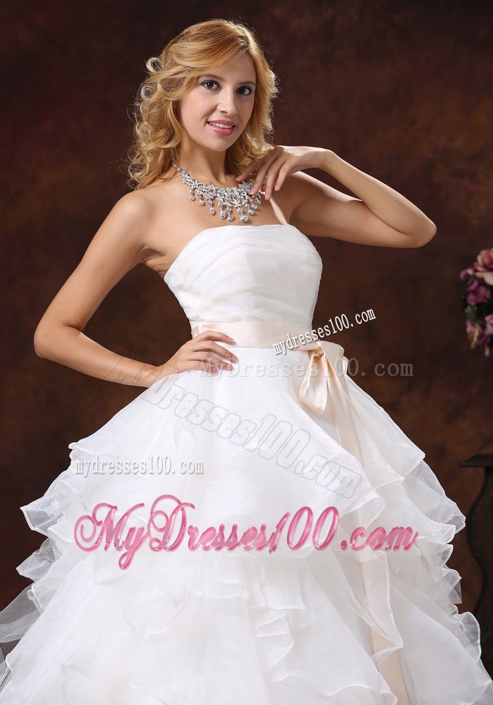 Ruffled and Ruched Wedding Dresses with Champagne Bowknot Sash 2013