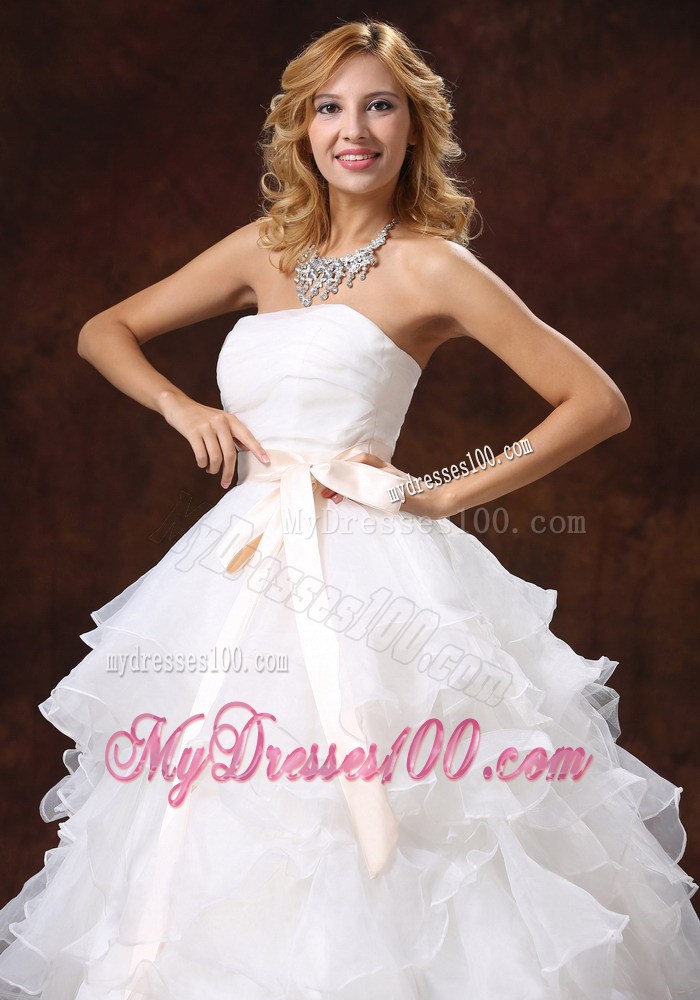 Ruffled and Ruched Wedding Dresses with Champagne Bowknot Sash 2013