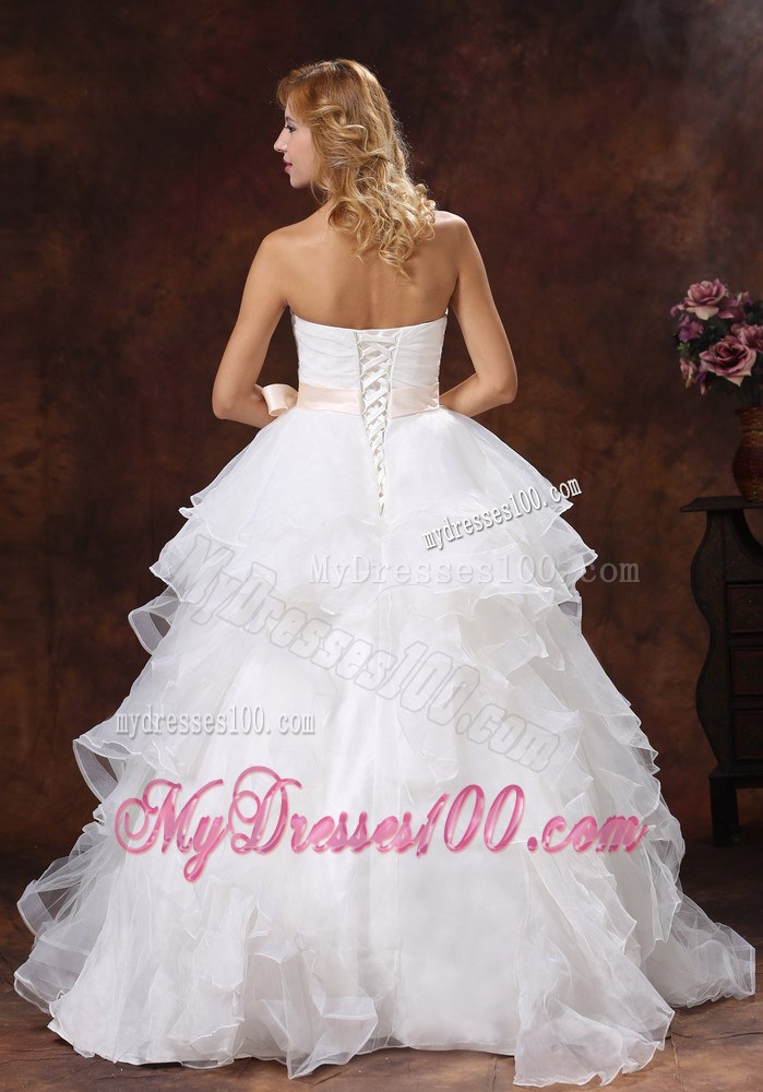 Ruffled and Ruched Wedding Dresses with Champagne Bowknot Sash 2013
