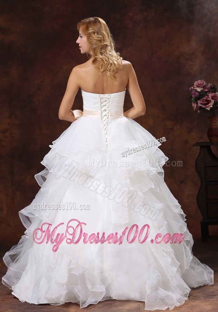 Ruffled and Ruched Wedding Dresses with Champagne Bowknot Sash 2013