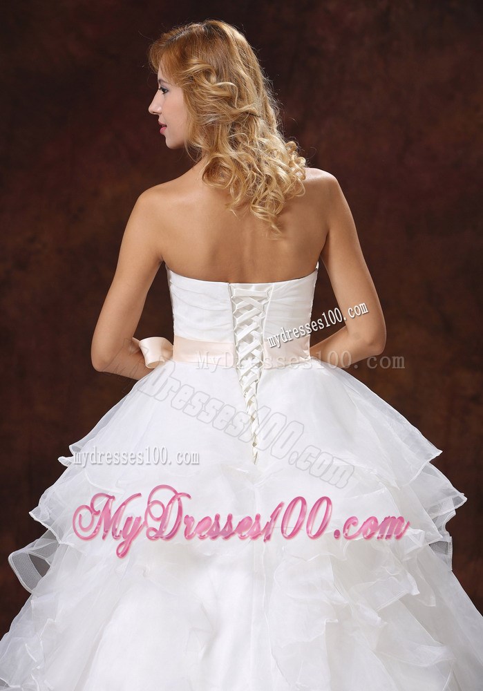 Ruffled and Ruched Wedding Dresses with Champagne Bowknot Sash 2013