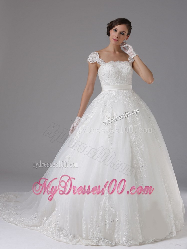 Lace Ball Gown Brush Train Wedding Dress with Cap Sleeves and Straps