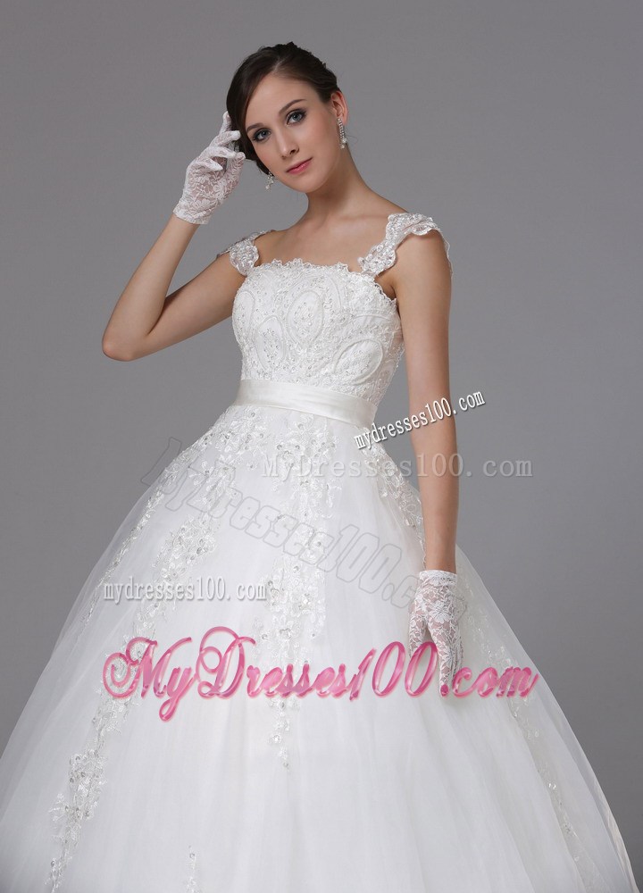 Lace Ball Gown Brush Train Wedding Dress with Cap Sleeves and Straps