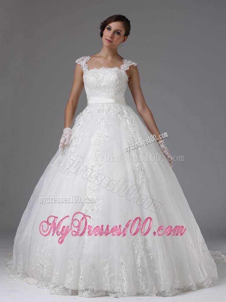 Lace Ball Gown Brush Train Wedding Dress with Cap Sleeves and Straps