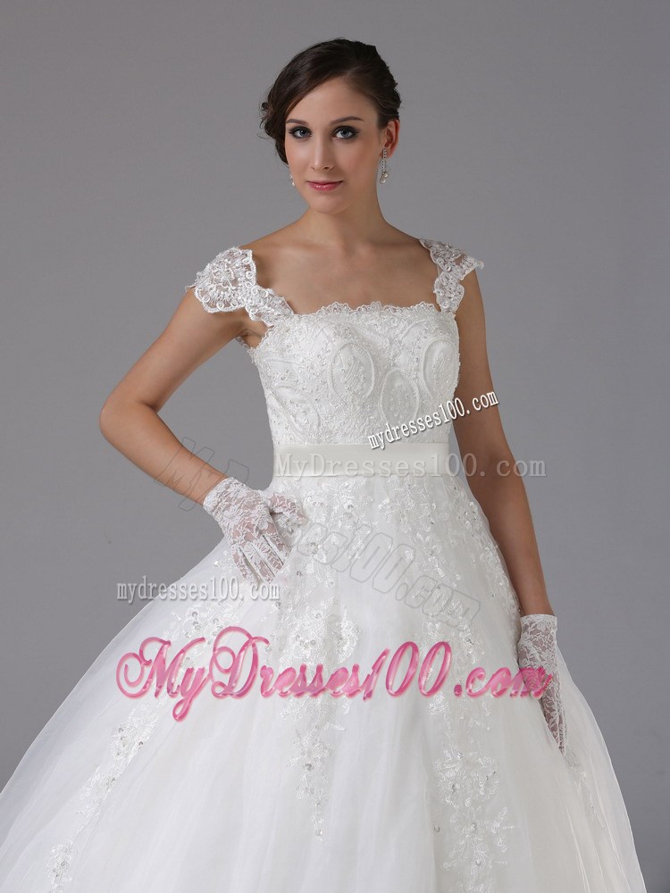 Lace Ball Gown Brush Train Wedding Dress with Cap Sleeves and Straps