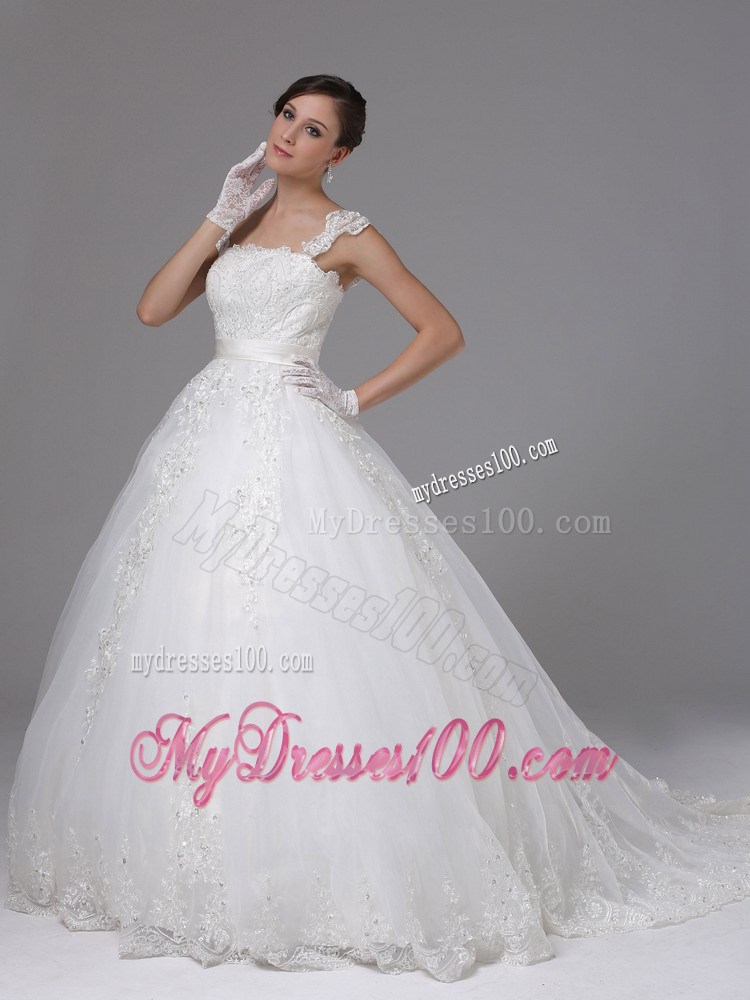 Lace Ball Gown Brush Train Wedding Dress with Cap Sleeves and Straps